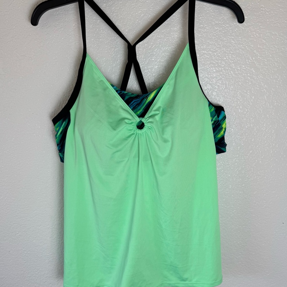 ZeroXposur Light Green Swim Shirt Top with Black Straps and built in Bra Look
